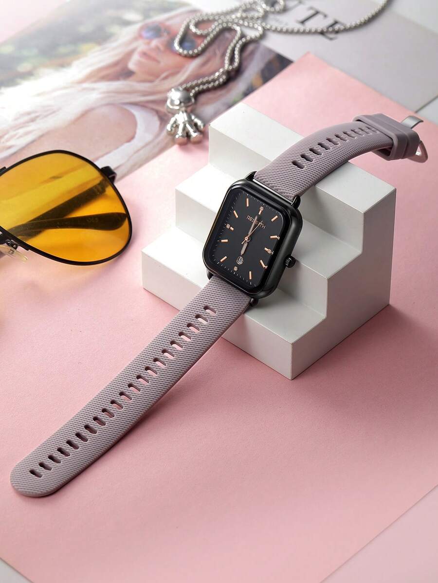 1pc Rebirth Brand Women's Silicone Strap Simple & Fashionable Calendar Quartz Watch For Daily Decoration