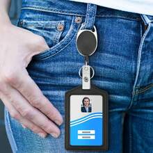 1 Piece, Pu Leather ID Card Holder With Tie Rope, Suitable For Various Work ID Cards, Student ID Cards, Bus Cards, Badges, Etc. - Black - View 3