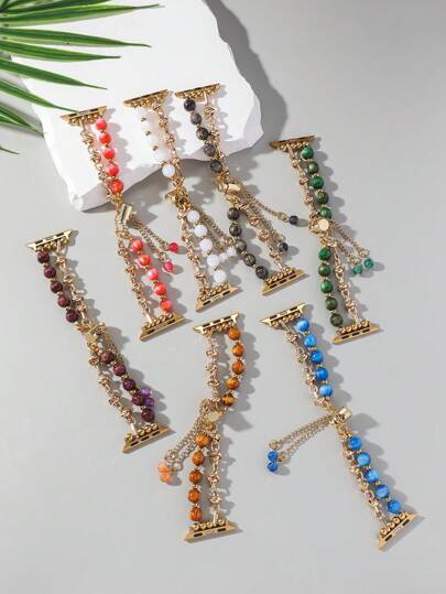 1pc Natural Cat's Eye Beaded Fashion Bracelet Compatible With Apple Watch Band 38mm 40mm 41mm 42mm 44mm 45mm, Replacement Band For Girls, Adjustable Metal Chain Strap Compatible With Apple Watch Series SE/8/7/6/5/4/3/2/1, Suitable For Teenagers