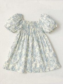 Girls' Floral Bubble Sleeve Princess Dress, New Summer Collection - Blue - View 4