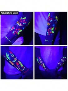1/3 feuilles- Tatouage temporaire qui brille dans le noir de styles multiples, autocollants de tatouage faux fluorescent UV néon, étanches pour le corps et le visage pour les femmes et les hommes, accessoires de carnaval et fournitures de fête - Multicolore - Voir 8