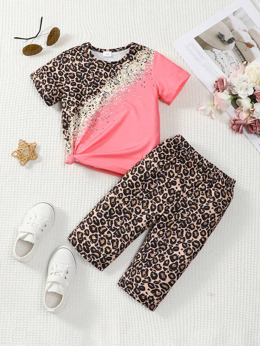 Girls Leopard Print Pink Round Neck Casual Short Sleeve Top + Leopard Print Pants 2 Pieces Set, Spring/Summer