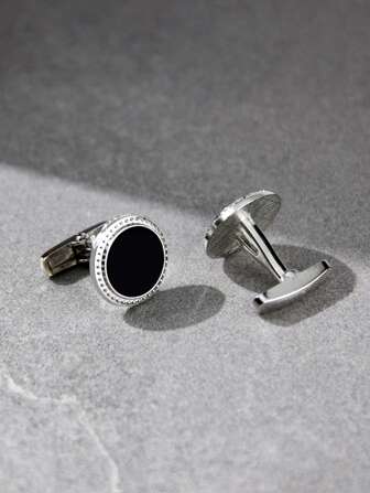 1 paire de boutons de manchette classiques ronds noirs en forme de goutte d'huile, pour un port quotidien pour hommes