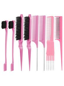 8入組髮刷套裝，尼龍梳理鬆散髮用3排梳子，雙面髮邊修護梳，三重助鬈梳，鼠尾梳適用於女性和女孩 - 彩色 - 查看 1