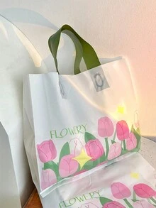 25入組鬱金香印花購物袋-適用於超市、便利店、麵包店等，塑料購物袋可重複使用，T恤袋適用於商店購物，而一次性食品袋則適用於大宗商品、多用途禮品和服裝包裝-有吸引力的花卉設計手提袋適用於派對、旅行等 - 白色 - 查看 4