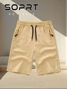 1 pieza Pantalones cortos casuales y sueltos de pierna recta para hombre, de verano - Caqui - Ver 1