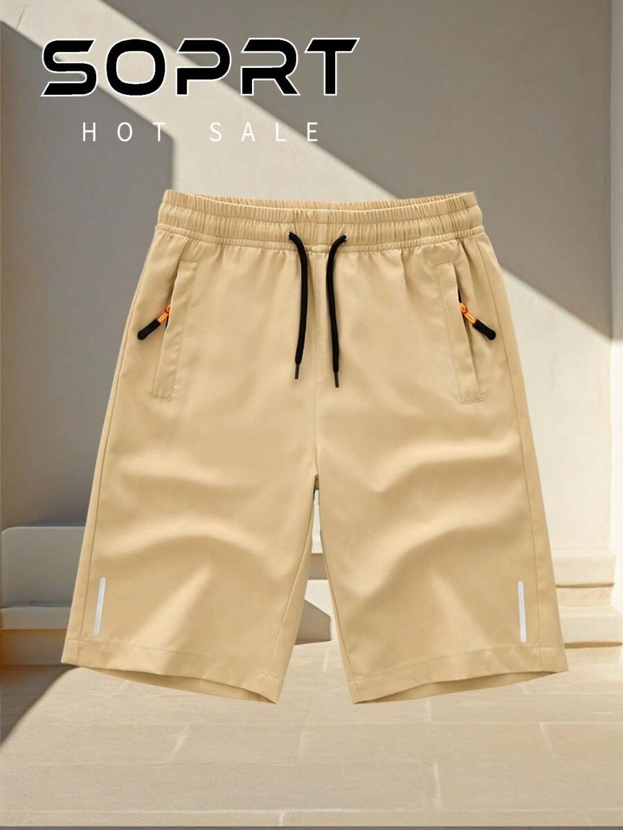 1 pieza Pantalones cortos casuales y sueltos de pierna recta para hombre, de verano - Caqui - Ver 1