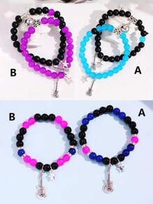 1對藍黑/粉黑色珠子吉他磁性手鐲,帶心形 - 情侶首飾 - 套裝 - 查看 12