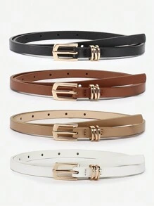 4pcs Women Classic PU Leather Belt Solid Color Simple Skinny Belt With Square Buckle For Pants Summer, School Fall, Autumn, Halloween