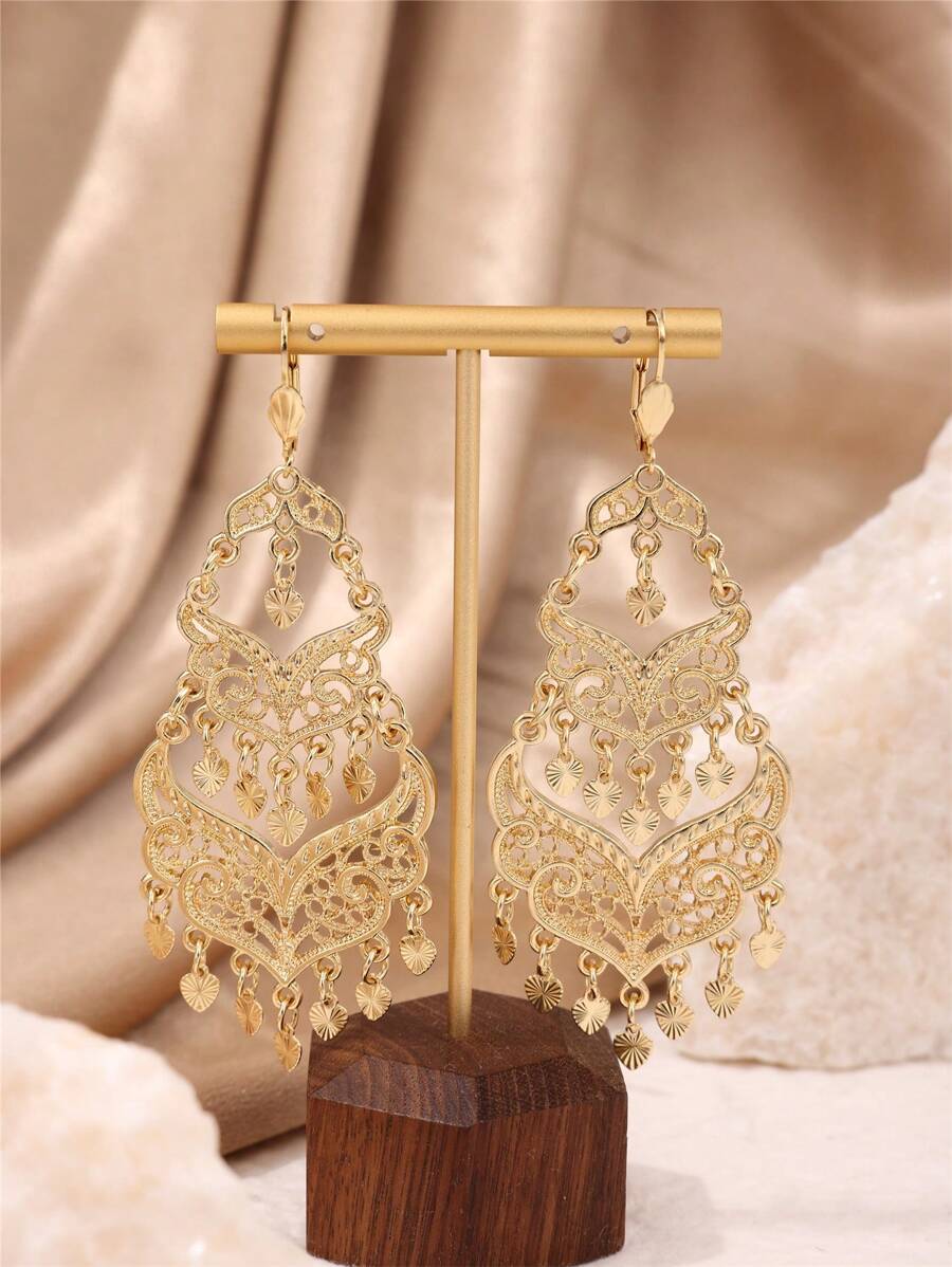 1 par de aretes de aleación exquisitos con borlas ahuecadas, largos aretes colgantes nupciales marroquíes, joyería de oreja de estilo vintage francés para mujeres argelinas, accesorios esenciales para fiestas y festivales