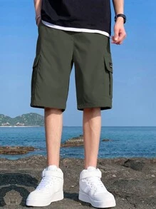1pc Tween Boy Casual Sports Outdoor Pocket Shorts With Fashion English Iron-On Patches, Spring/Summer - Army Green - View 2