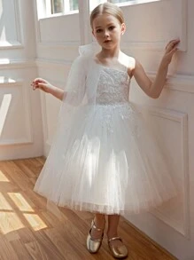 Vestido de fiesta de malla con adorno de flores 3D y encaje para niña, vestido de princesa adecuado como regalo de cumpleaños para niñas, banquete, ocasión formal, celebración de festivales, vestido de niña de las flores para bodas - Blanco - Ver 3