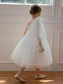 Vestido de fiesta de malla con adorno de flores 3D y encaje para niña, vestido de princesa adecuado como regalo de cumpleaños para niñas, banquete, ocasión formal, celebración de festivales, vestido de niña de las flores para bodas - Blanco - Ver 7