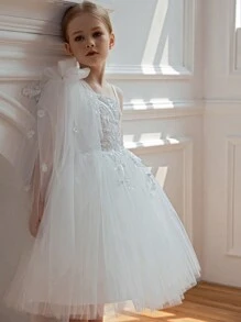 Vestido de fiesta de malla con adorno de flores 3D y encaje para niña, vestido de princesa adecuado como regalo de cumpleaños para niñas, banquete, ocasión formal, celebración de festivales, vestido de niña de las flores para bodas - Blanco - Ver 4