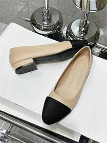 Tacones bajos gruesos para mujer, zapatos de estilo elegante y versátil de "viejo dinero" francés casual de tacón bajo, zapatos planos con bloques de color - Albaricoque - Ver 4