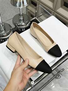 Tacones bajos gruesos para mujer, zapatos de estilo elegante y versátil de "viejo dinero" francés casual de tacón bajo, zapatos planos con bloques de color - Albaricoque - Ver 3