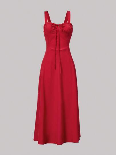 Vestido de tirantes con cordón delantero pecho con fruncido de hombros con cordón Largo Cami Rojo Largo Para Una Cena Romántica