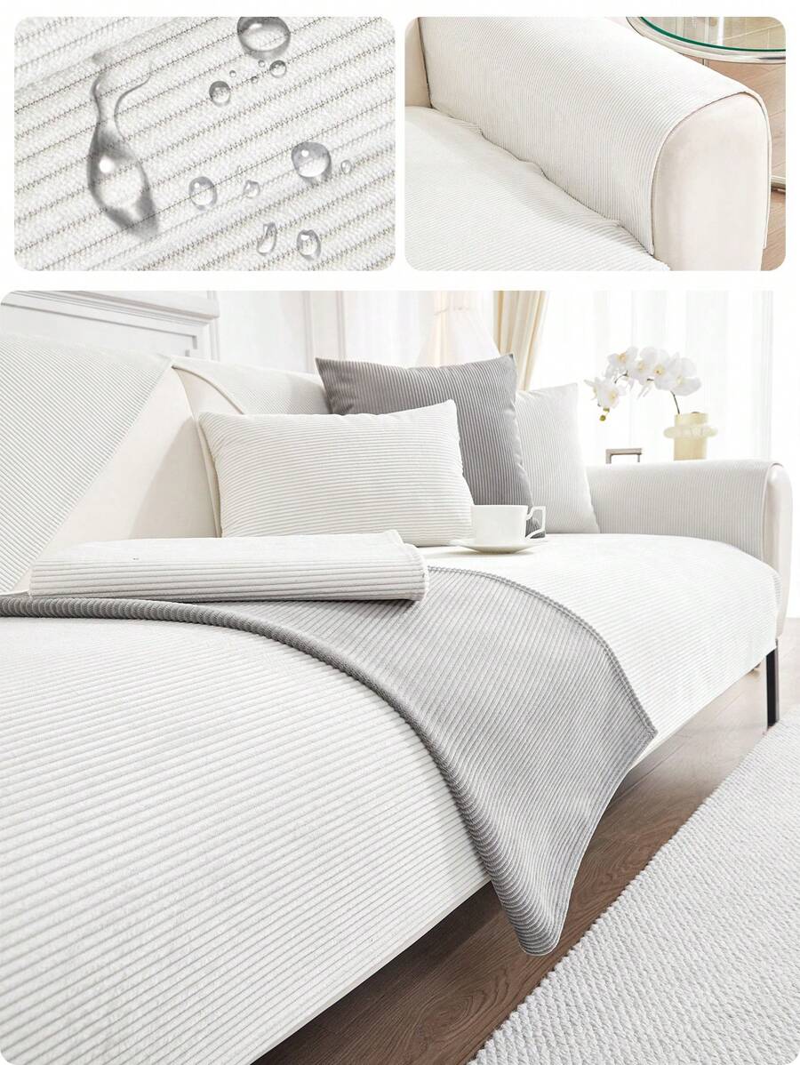1pc Waterproof Corn Velvet Sofa Cover For 1/2/3/4-Seater Sofa, Including Armrest And Backrest Covers, All Seasons - White - View 1
