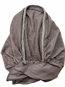 1 Stück Damen elastischer gestreifter Hijab Schal, Kopftuch mit modischer Kette & Strass Dekor, vielseitiger Casual Haartuch für den täglichen Gebrauch, elastisches Stoff Haarnetz, Sommer, Strand, Hut - Grauviolett - Übersicht 7