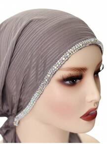 1 Stück Damen elastischer gestreifter Hijab Schal, Kopftuch mit modischer Kette & Strass Dekor, vielseitiger Casual Haartuch für den täglichen Gebrauch, elastisches Stoff Haarnetz, Sommer, Strand, Hut - Grauviolett - Übersicht 4