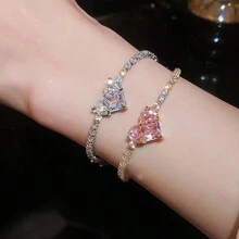 1入正方形立方氧化鋯鑲嵌手鏈女款，白色/粉色心形手環，女孩珠寶禮物 - 彩色 - 查看 11