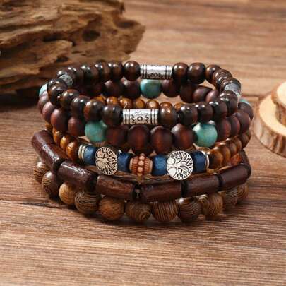 5pcs/Set Vintage Simple Fashion Elastic Cool Bracelet, Wood Bead & Coconut Shell Bracelet, Suitable For Men/Women/Couples' Daily Casual & Commuting Decoration