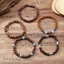 5pcs/Set Vintage Simple Fashion Elastic Cool Bracelet, Wood Bead & Coconut Shell Bracelet, Suitable For Men/Women/Couples' Daily Casual & Commuting Decoration
