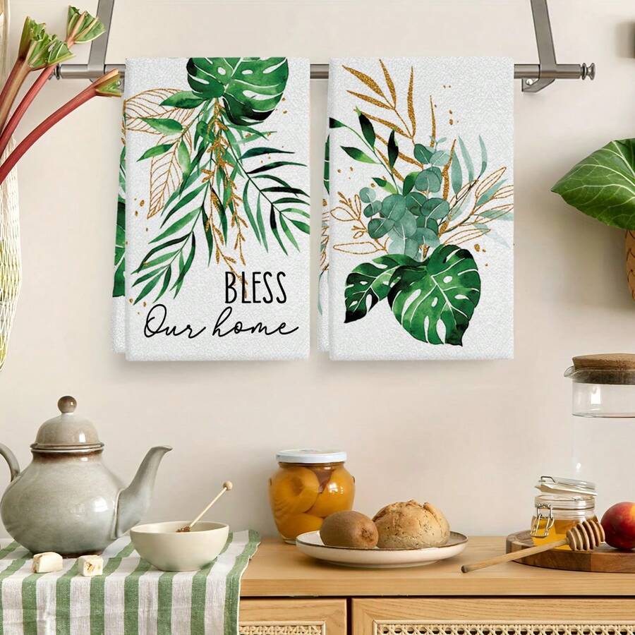 2入組北歐風格綠葉和植物印花碗布，柔軟吸收力強的家庭清潔布，多用途微纖維廚房毛巾，適合日常廚房裝飾 - 彩色 - 查看 1