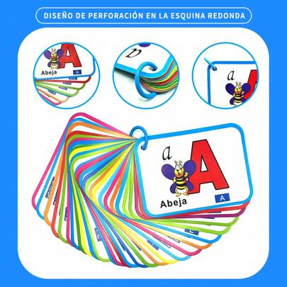 TEENYBABY 28 piezas Tarjetas didácticas con el alfabeto y palabras en español, diseño de esquinas redondeadas para niños, ilustraciones vívidas que ayudan a los niños a aprender español talla grande rápido, anillos de colores aleatorios, juegos educativos, útiles de estudio, rellenos de regalo de Pascua