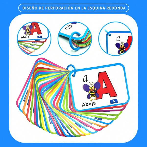 1 Set Of 28pcs Spanish Alphabet And Word Learning Flashcards For Kids, Rounded Corners Design Safe For Children, Detailed Illustrations Help Kids Learn Spanish Faster, Random Color Rings, Great For Christmas, Thanksgiving, New Year Gifts