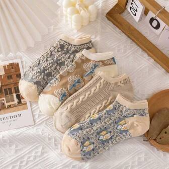 5 双女士低帮袜子，透气吸汗复古风格短袜，适合春夏季