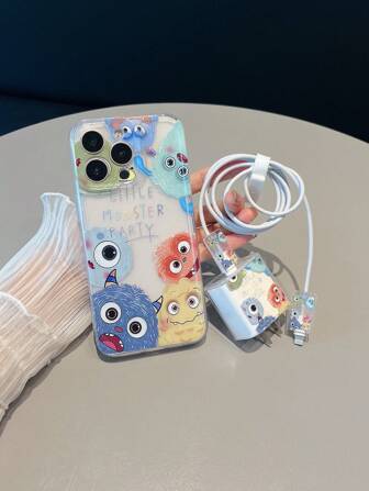 Set de 5 piezas de funda de teléfono + funda protectora de cable de datos, con diseño de patrón de animales lindos, cubierta protectora de carga rápida adecuada para iPhone7/8/7p/8p/X/Xs/Xr/Xsmax/11/11pro/11promax/12/12pro/12promax/12MINI/13/13pro/13promax/13MINI/14/14pro/14plus/14promax/15/15pro/15plus/15promax/16/16pro/16plus/16promax/17/17pro/17promax/17AIR