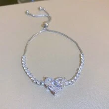 1入正方形立方氧化鋯鑲嵌手鏈女款，白色/粉色心形手環，女孩珠寶禮物 - 彩色 - 查看 12