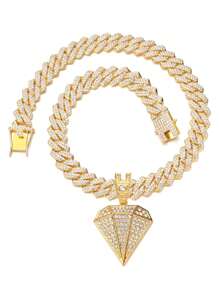 1pc Men's Hip Hop Punk Style Bling Pendant Necklace, Miami Chain Fully Encrusted With Rhinestones, Suitable For Women's Party Wear - Yellow Gold - View 3