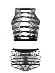 Bộ 1 Bộ Đồ Lót Nữ Gợi Cảm, Bikini Đen & Bộ Đồ Body Che Phủ Lưới Trong Suốt, Thích Hợp Cho Áo Khoác Ngoài, Mặc Ở Nhà, Dự Tiệc - màu đen - Xem 6