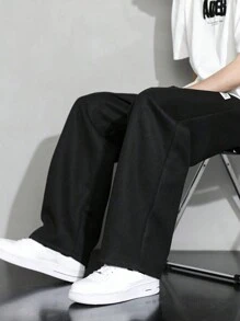 1件装 男童休闲华夫格直筒裤，运动户外校园风，春秋季 - 黑色 - 查看 3