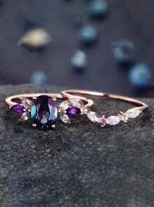 Bộ 2 nhẫn nữ đính đá Cubic Zirconia tông vàng hồng, kỷ niệm, tiệc bãi biển, trang sức nghỉ dưỡng - 2 cái - Xem 16