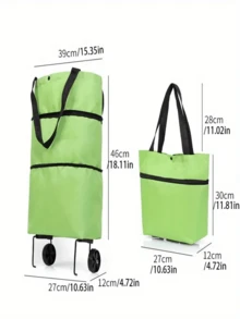 1pc, Reusable Household Foldable Portable Trolley Bag Shopping Cart With Wheels Bag Large Capacity Shopping Bag Telescopic Bag Small Trailer For Hotel - Green - View 4