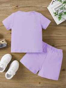 Baby Girl Cute Pattern Printed Short Sleeve Top And Shorts Set, Summer - Purple - View 6