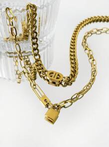 Monlansher 1pc Stainless Steel Women Fashion Chain Necklace With Simple Pendant, Versatile Metal Clasp Design For Layered Wear - Gold - View 12