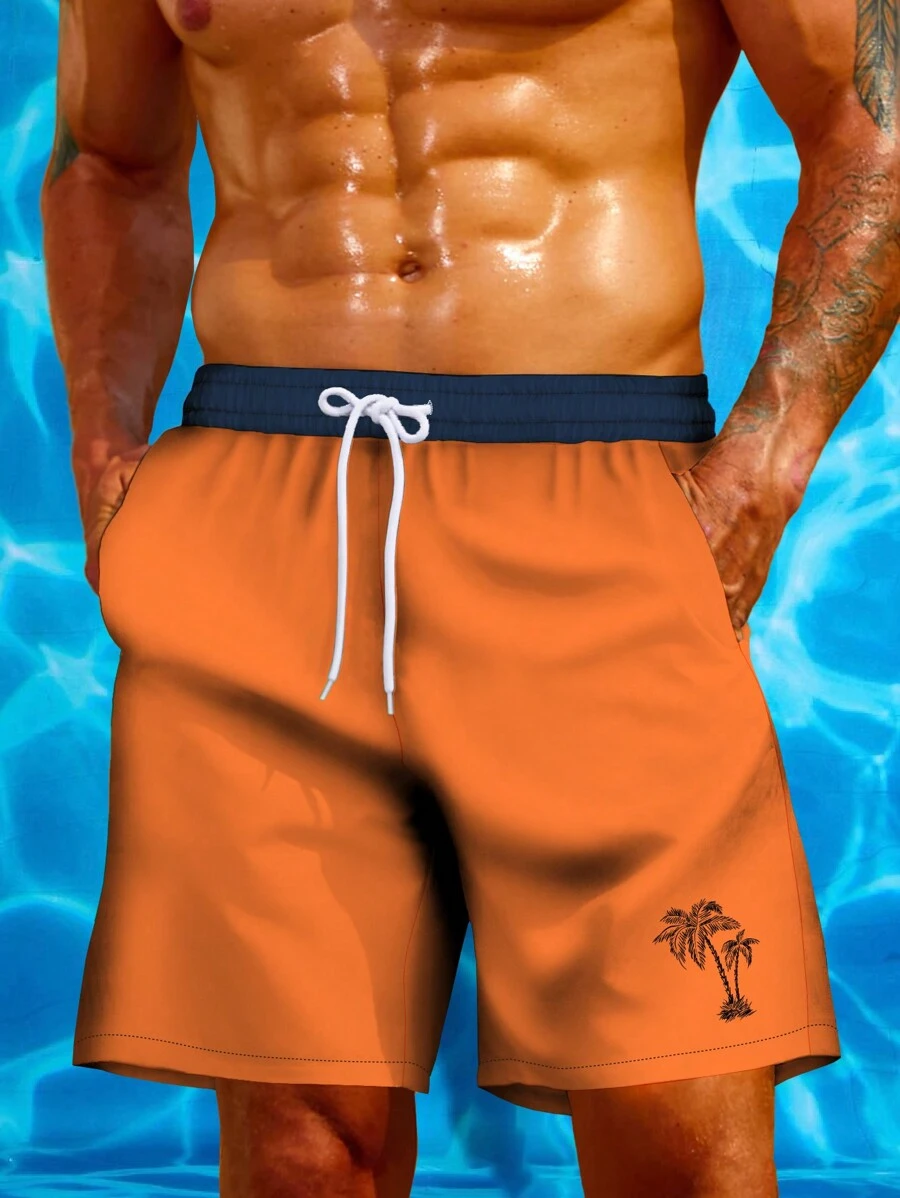 Men's Beach Shorts With Gradient Palm Tree Art 3D Graphic Print, Casual Daily Vacation Drawstring Waist Single Layer Swimwear