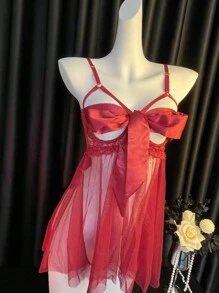 1 Pc Women's With Lace Bow Decor Sexy Lingerie Nightgown, Going Out