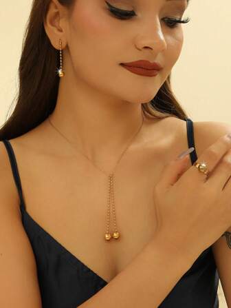 1 套 18K 金不锈钢珠链优雅女士项链、耳环、戒指首饰套装，百搭日常佩戴、生日礼物、婚礼、派对配饰