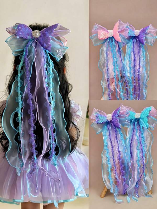 1pc Mermaid Tassel Hair Clip For Girls, Bowknot Multifunctional Hair Accessories For Braids, Daily Use