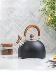 1pc Cross-Border Whistling Kettle For Coffee & Milk, With Whistle Sound, Black & White, Wooden Handle - Black - View 2