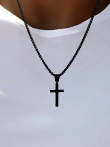 Black Cross Necklace, Simple Round Box Chain Men's Necklace, Waterproof Sports Necklace, Stainless Steel Jewelry Gift For Men