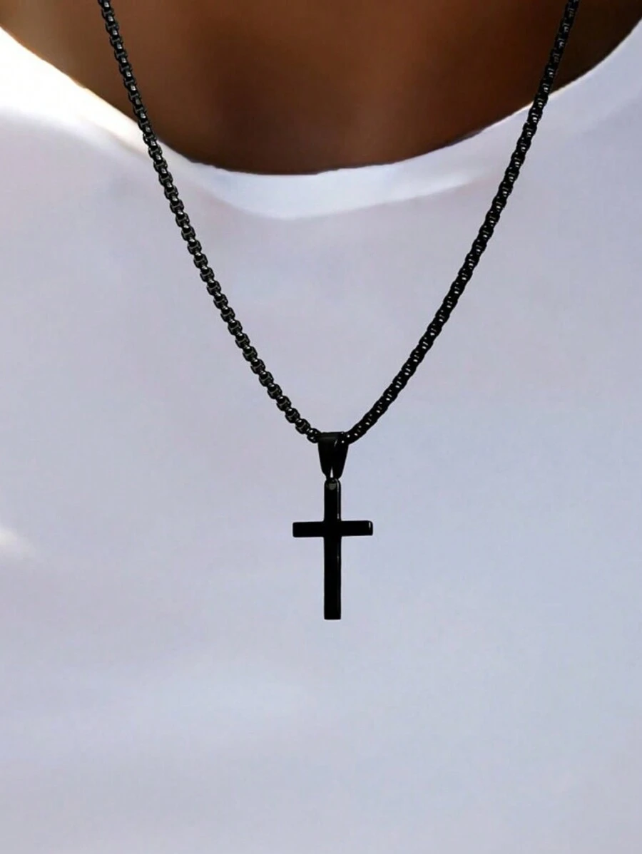 Black Cross Necklace, Simple Round Box Chain Men's Necklace, Waterproof Sports Necklace, Stainless Steel Jewelry Gift For Men