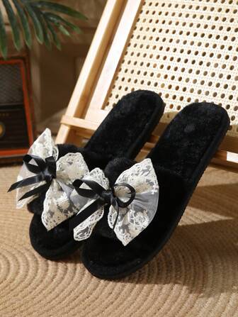 Women's Bowknot Furry Slippers, Spring/Autumn/Winter, Silent & Lightweight, Suitable For Home And Postpartum Recovery