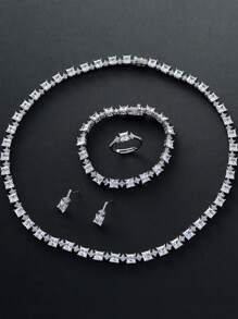 1 Set de Joyería con Cubos de Circonita Cúbica, Collar, Aretes, Anillo Ajustable, Pulsera, Regalo de Moda para el Día de San Valentín para Mujeres, Apto para Uso Diario