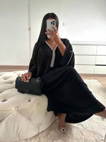 1pc Women's Black Loose-Fit Muslim Dress With Diamond Studded Cuffs Suitable For Festivals And Parties - Abaya - View 12